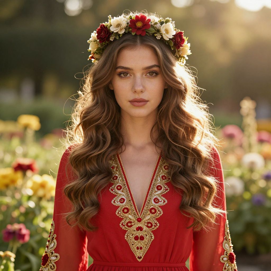 Elegant Woman in Red Dress with Floral Crown in Garden