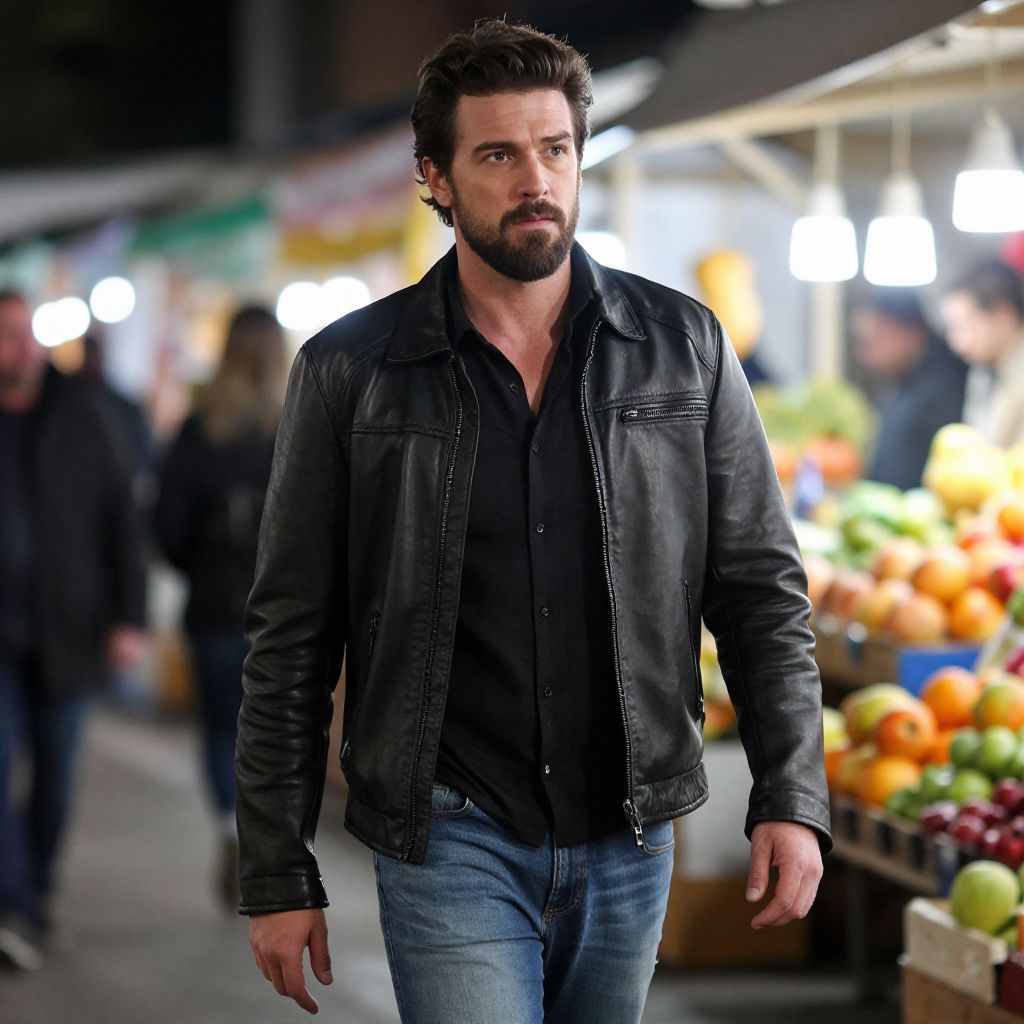 Man in Black Leather Jacket Walking Through Night Market