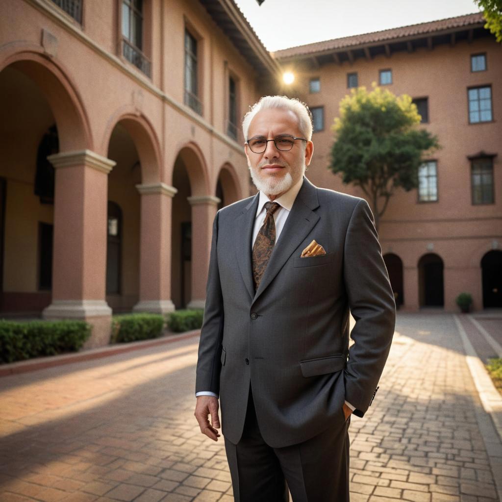 Distinguished Man in Tailored Gray Suit in Courtyard