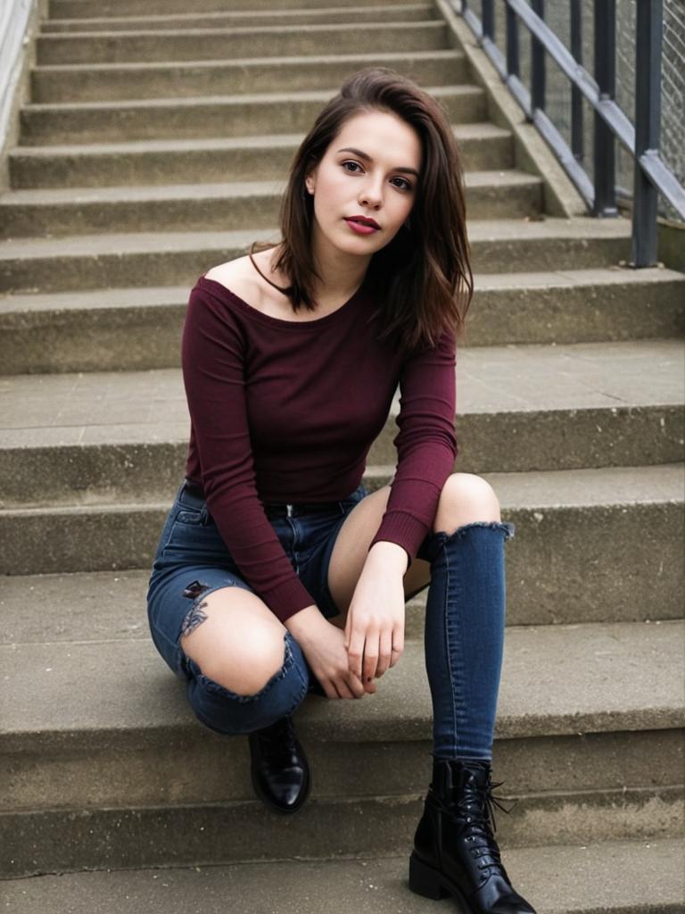 Stylish Young Woman on Staircase