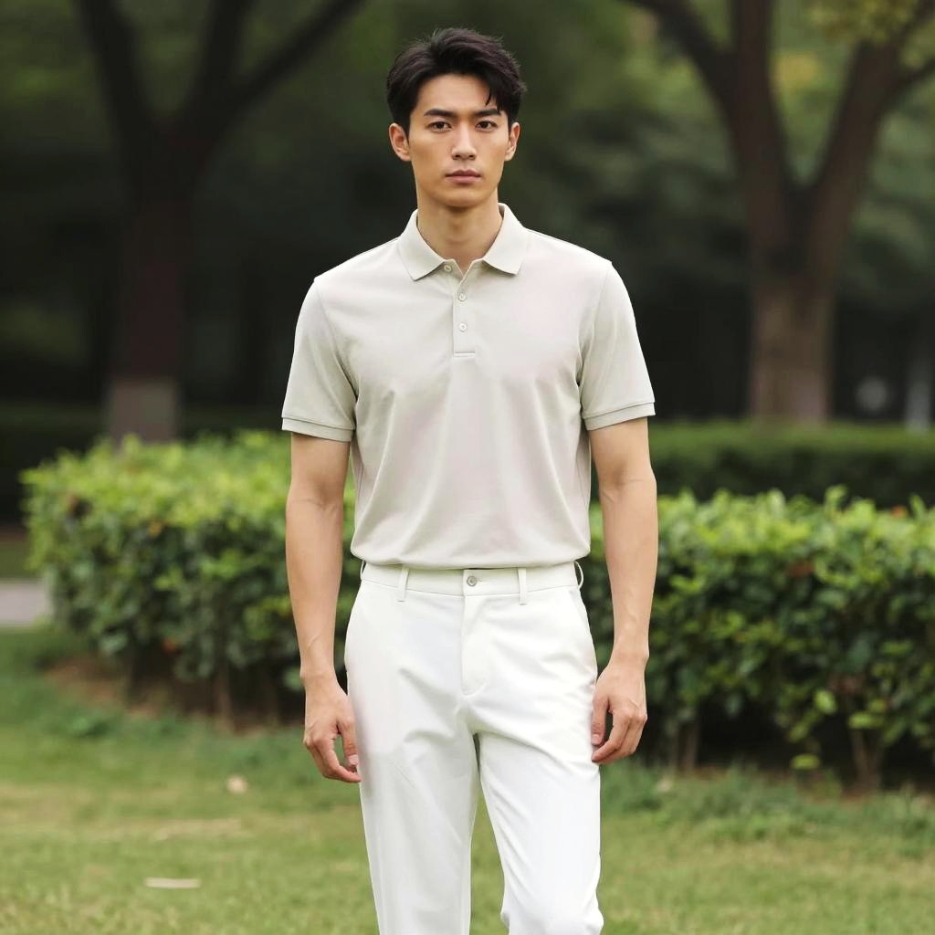 Modern Gen Z Man Wearing Minimalist Polo Shirt and White Pants Outdoors