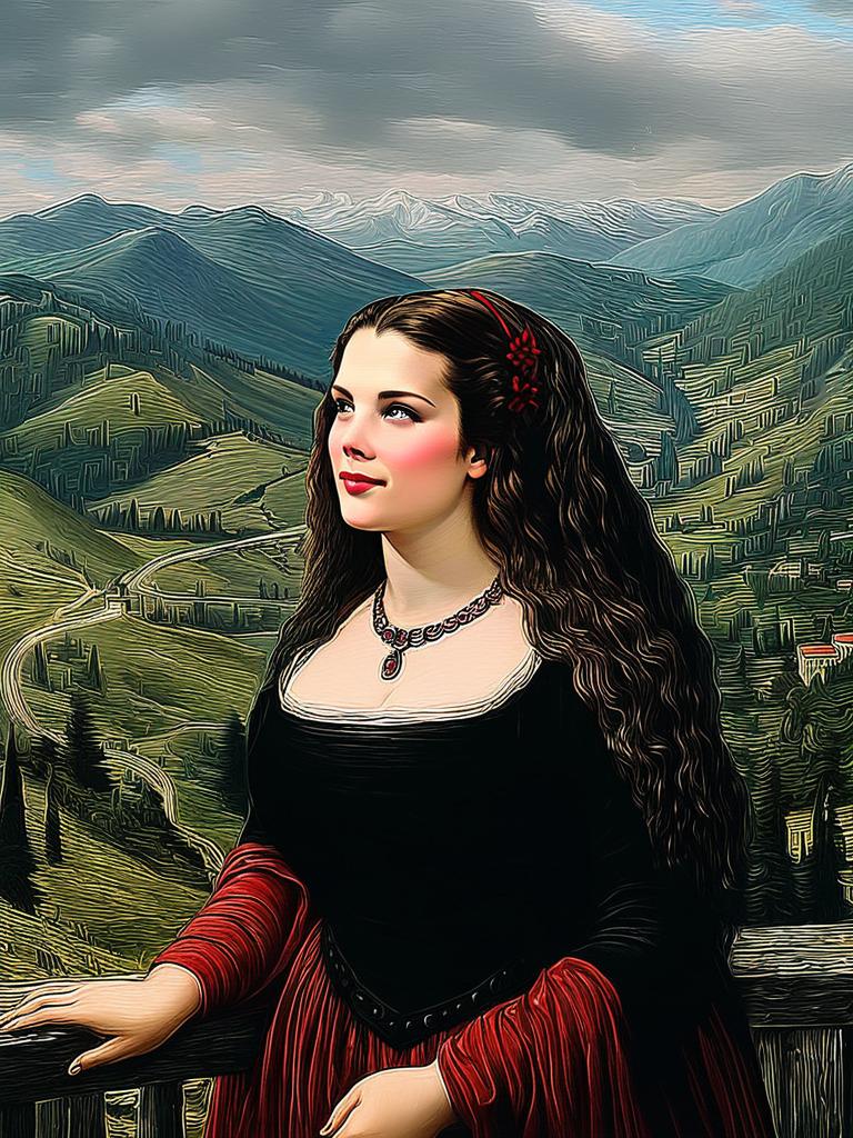 Stylized Portrait of a Woman in Black Dress with Red Accents