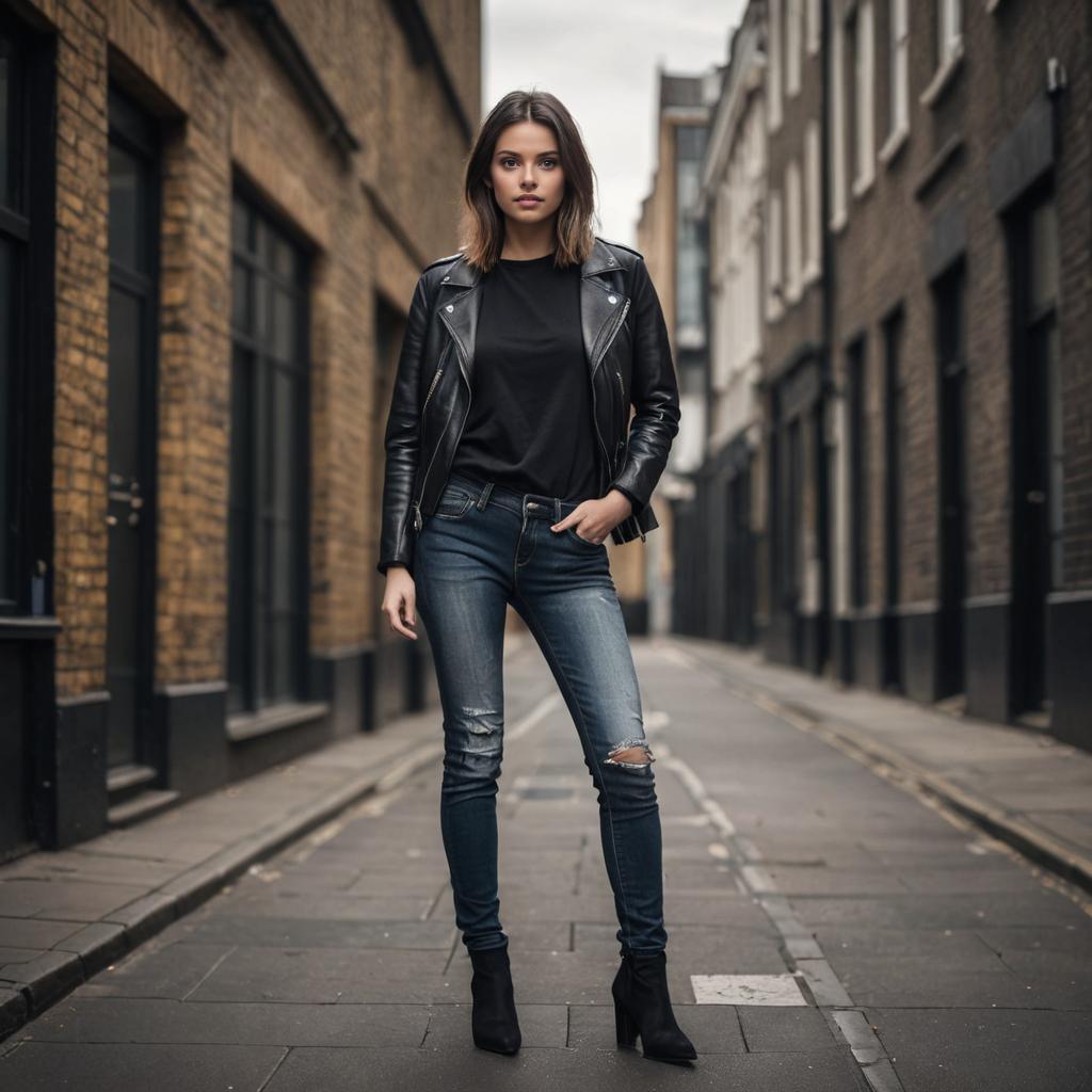 Fashionable Woman in Skinny Jeans and Leather Jacket