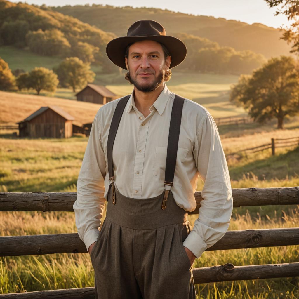 Amish Man in Sunset Rural Landscape