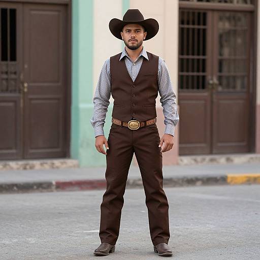 Traditional Mexican Charro Man in Brown Cowboy Outfit on Street
