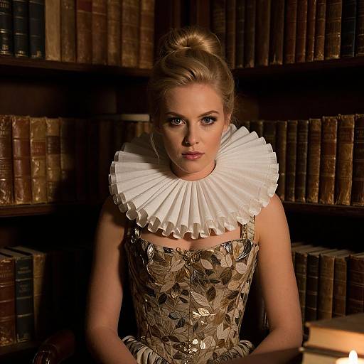 Woman in Renaissance Style Costume with Ruff Collar in Vintage Library