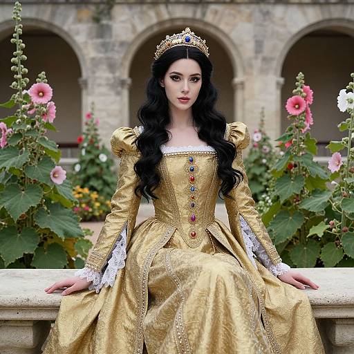 Regal Woman in Ornate Golden Renaissance Gown with Jeweled Crown in Garden