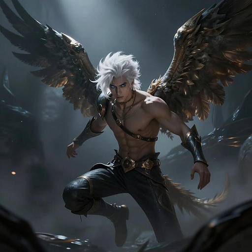 Fantasy Warrior Man with White Hair and Metallic Wings in Dramatic Flight