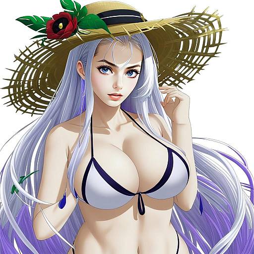 Anime Woman with Silver Hair and Straw Hat in Bikini