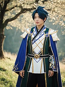Man in Genshin Impact Cosplay Costume Outdoor Photorealistic Portrait
