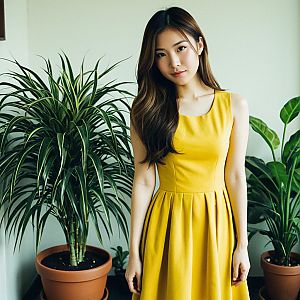 Young Woman in Yellow Dress Surrounded by Green Plants