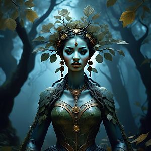 Mystical Woman in Forest-Themed Outfit