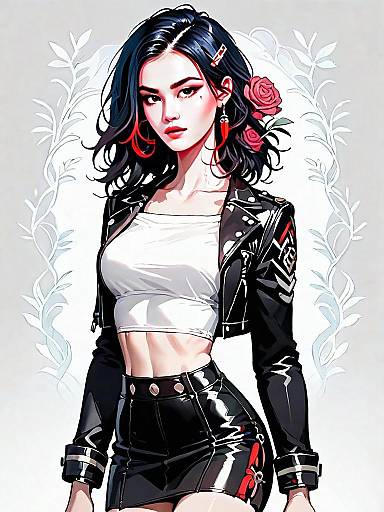Edgy Digital Art of Woman in Black Leather Outfit with Red Roses