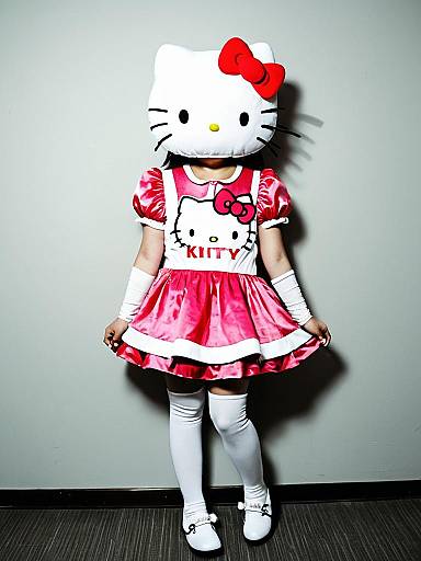 Woman in Pink Hello Kitty Costume with Plush Headpiece