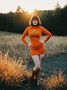Photorealistic Woman in Velma Costume Outdoor Portrait at Golden Hour