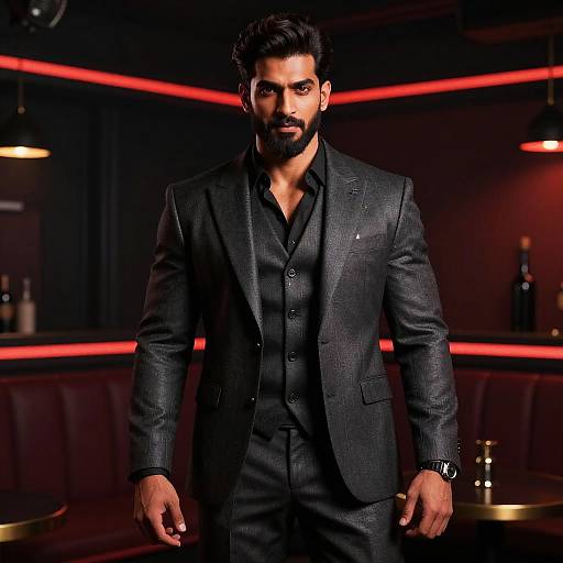 Confident Man in Dark Gray Three-Piece Suit in Stylish Lounge
