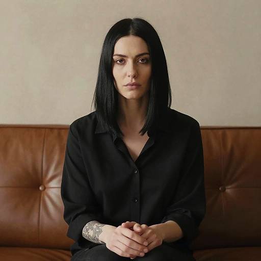 Young Woman in Black Shirt Sitting on Leather Couch Minimalist Style