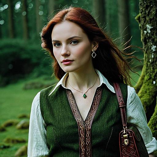 Portrait of Red-Haired Woman in Green Embroidered Vest in Forest