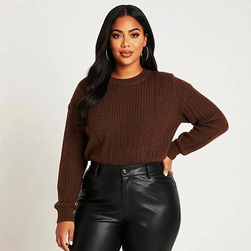 Woman in Brown Knit Sweater and Black Leather Pants Fashion Portrait