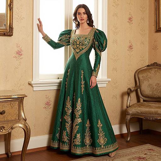 Woman Wearing Emerald Green Gold Embroidered Renaissance Style Gown