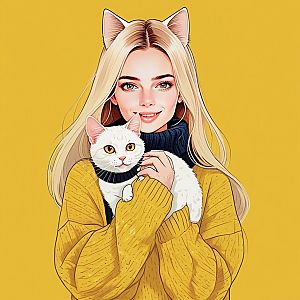 Young Woman with Cat in Yellow Knitwear