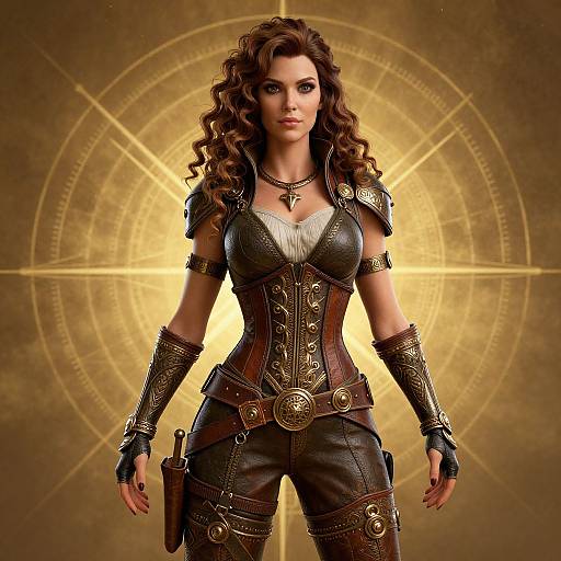 Steampunk Woman Warrior in Detailed Leather Armor with Compass Background