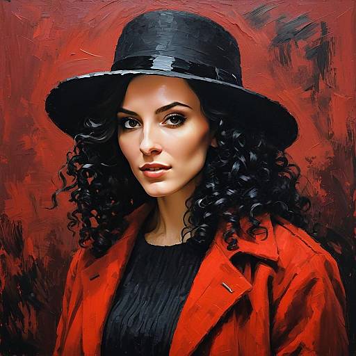 Elegant Woman in Black Hat and Red Coat Painterly Portrait