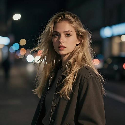 Blonde Woman in Casual Jacket on Night City Street with Bokeh Lights
