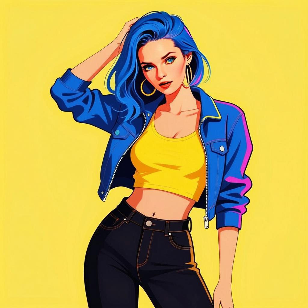 Trendy Gen Z Woman with Blue Hair in Bold Pop Art Fashion