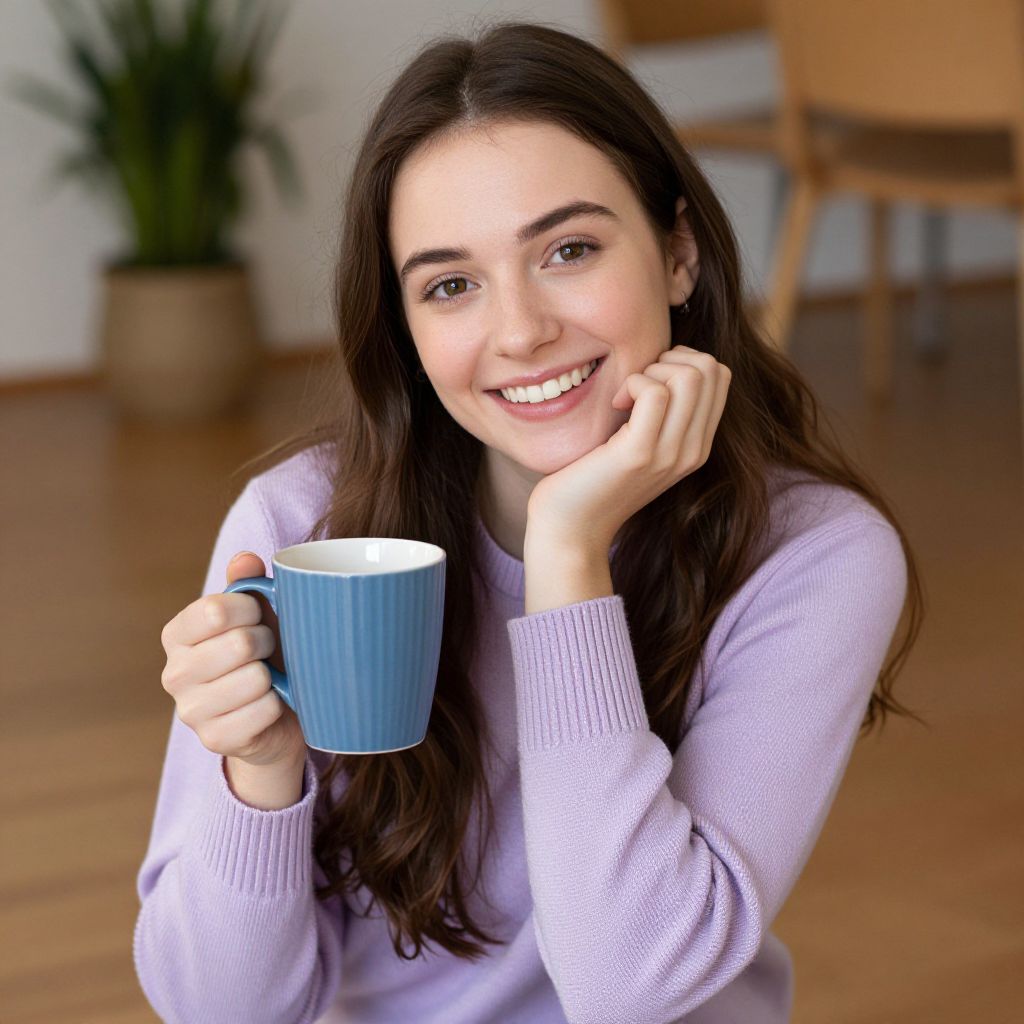 Young Woman Enjoying Coffee in Cozy Indoor Setting
