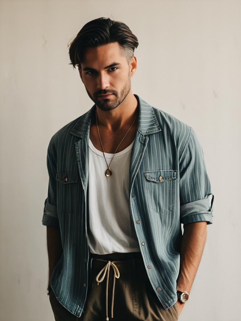 Man in Summer Casual Costume with Cinematic Realism Lifestyle Editorial Look