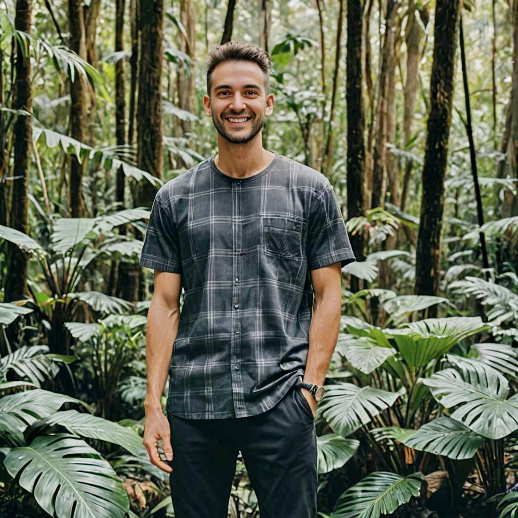 Confident Young Man in Tropical Forest