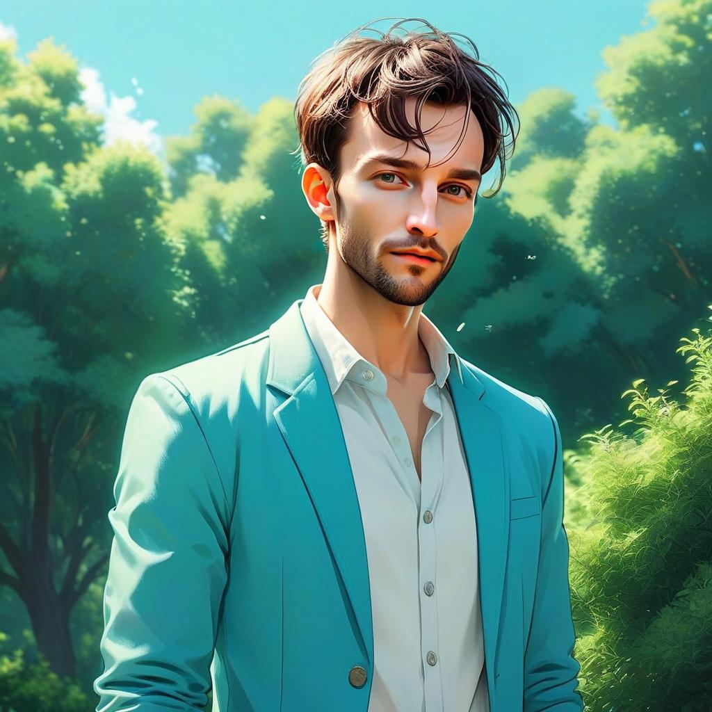 Young Man in Blue Blazer Digital Portrait with Forest Background