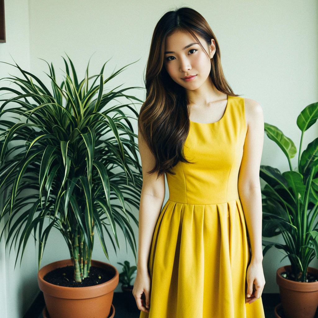 Young Woman in Yellow Dress Surrounded by Green Plants Young Woman in Yellow Dress Surrounded by Green Plants