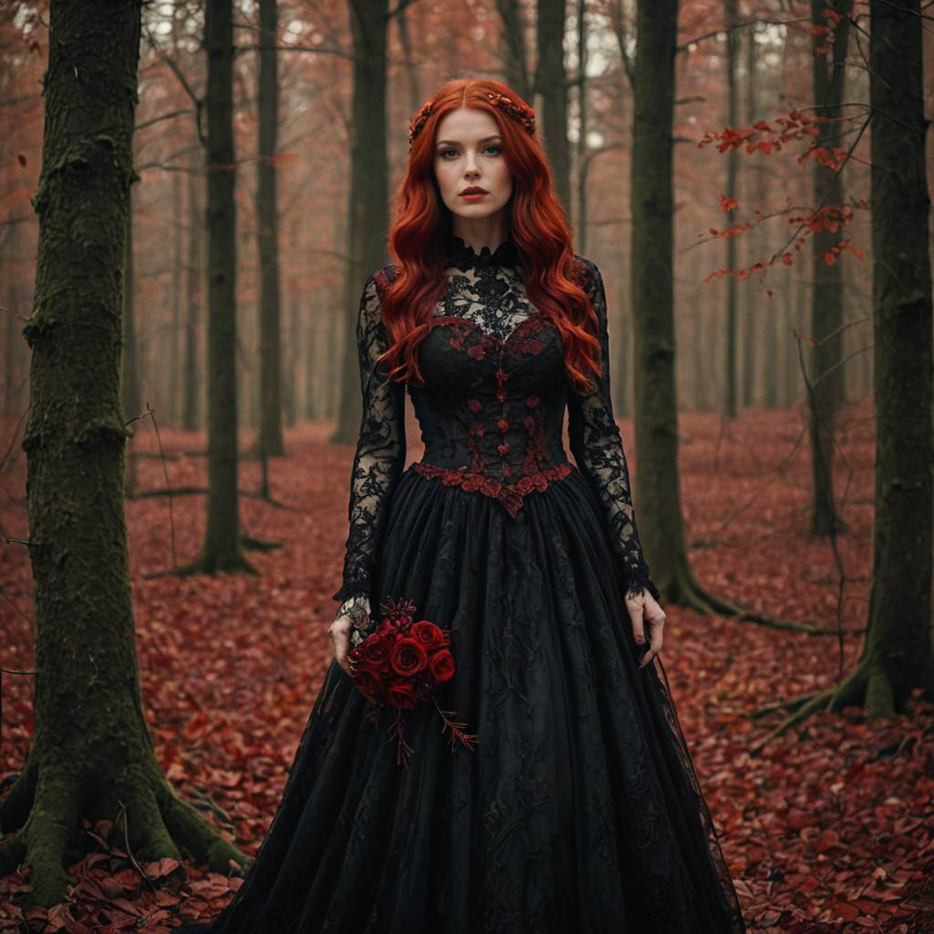 Woman in Black Lace Gown in Autumn Forest
