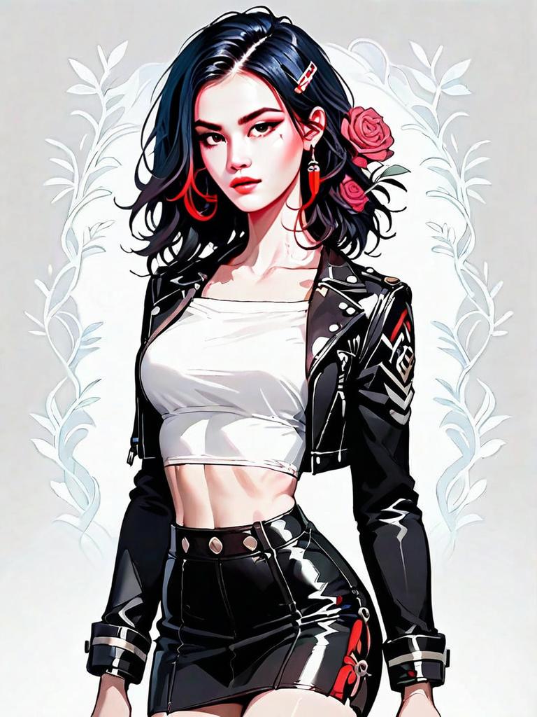 Edgy Digital Art of Woman in Black Leather Outfit with Red Roses