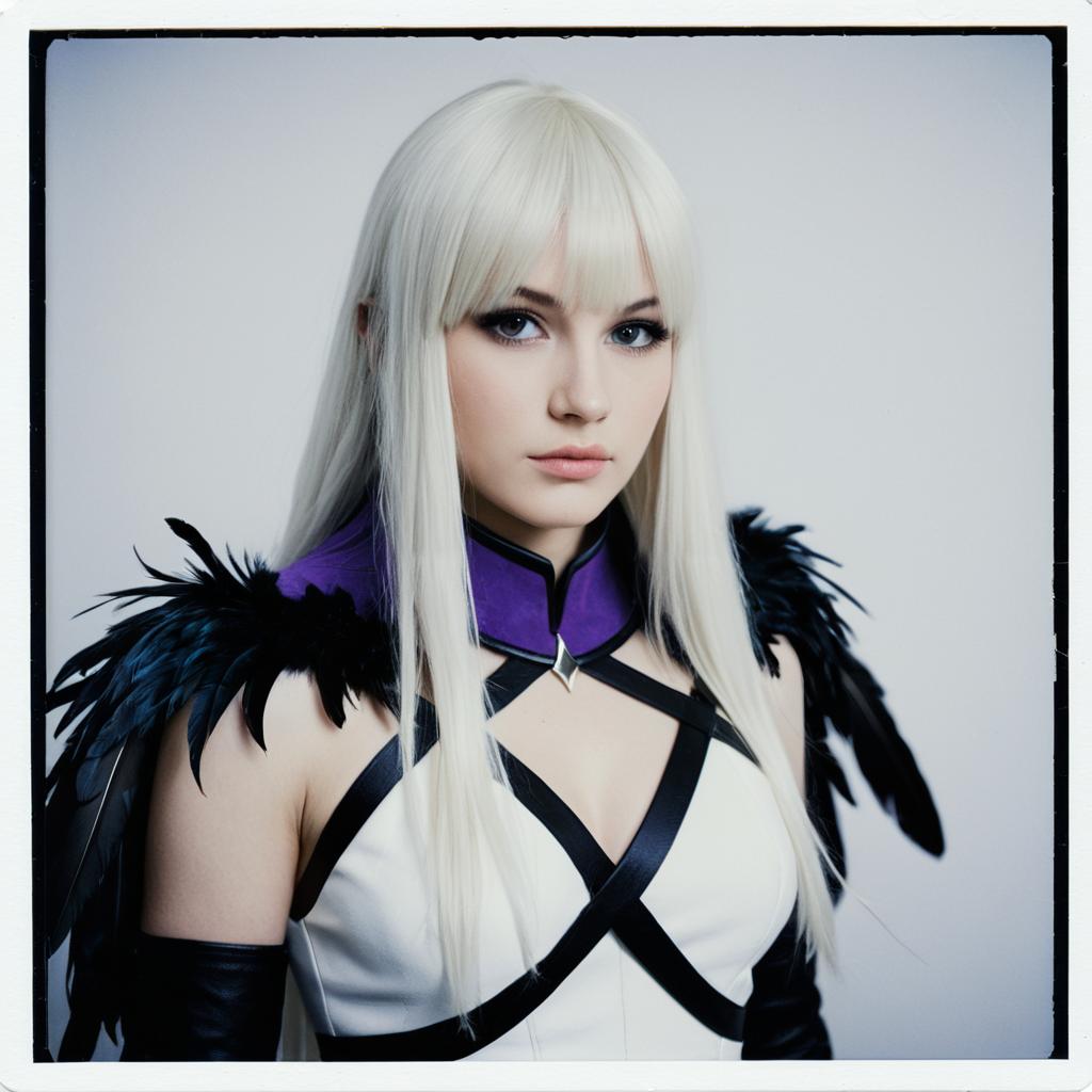Realistic Cosplay Portrait of Woman with Platinum Blonde Hair and Feathered Costume
