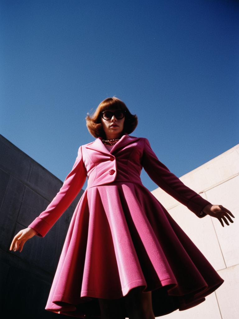Dramatic Low Angle Photo of Woman in Austin Powers Pink Dress Costume