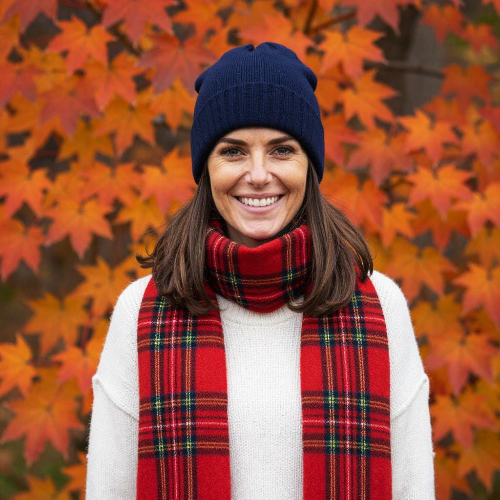 Smiling Woman in Navy Beanie and Red Plaid Scarf with Autumn Leaves