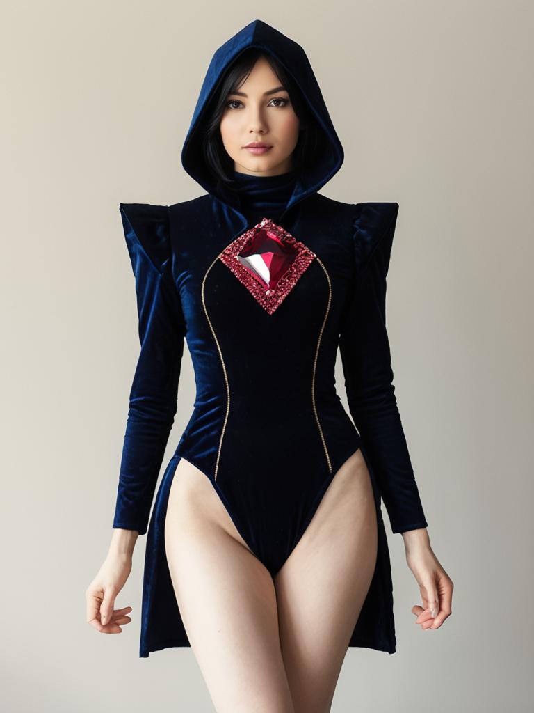 Realistic Spinel Cosplay Costume with Hood and Red Gem Detail on Woman