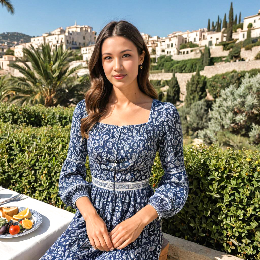 Stylish Woman in Blue Dress in Sunlit Garden