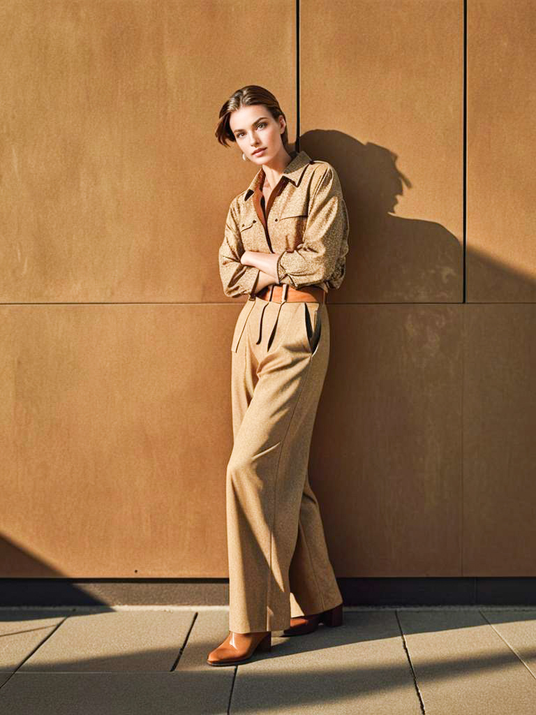 Stylish woman in textured outfit against warm backdrop