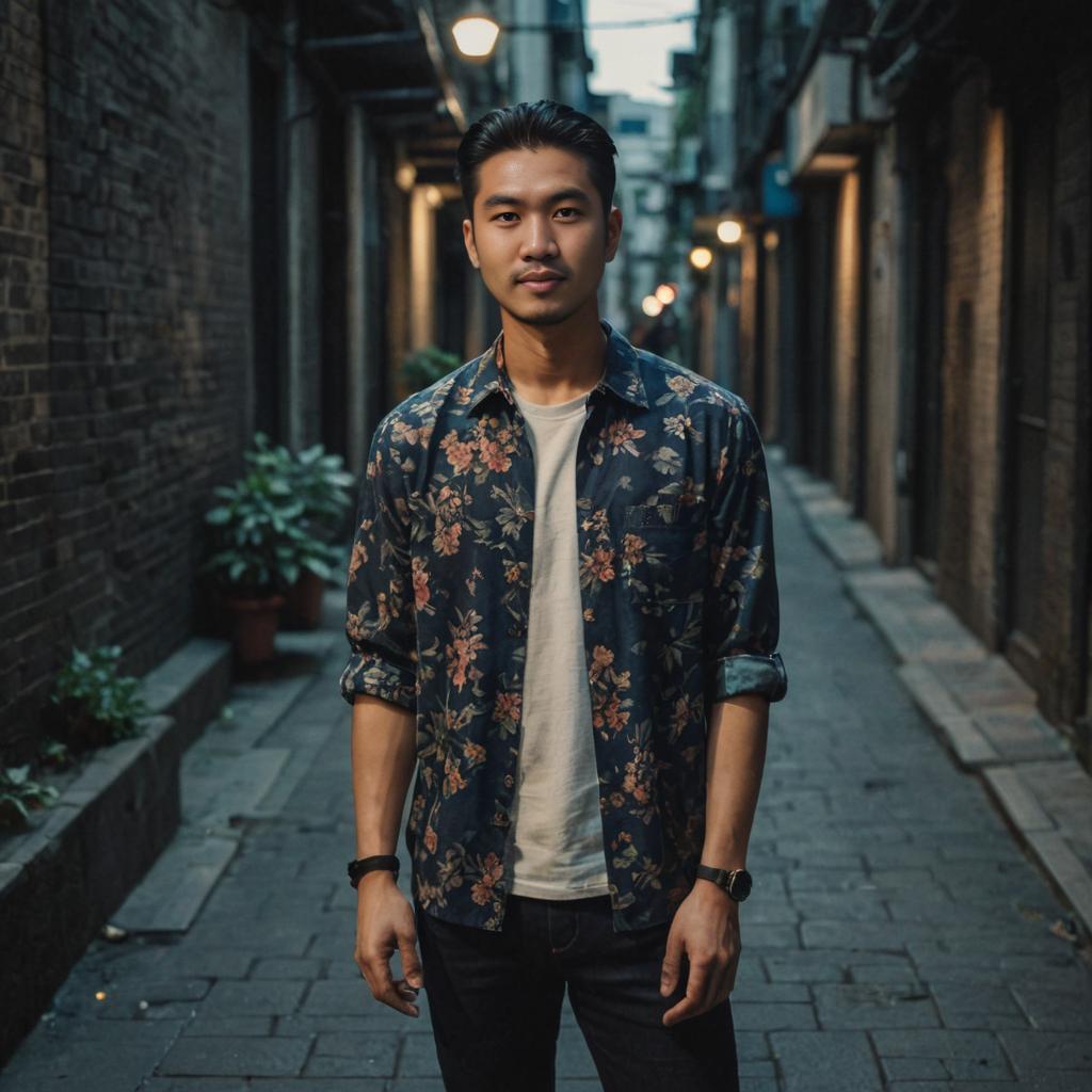 Confident Man in Floral Shirt in Urban Alley