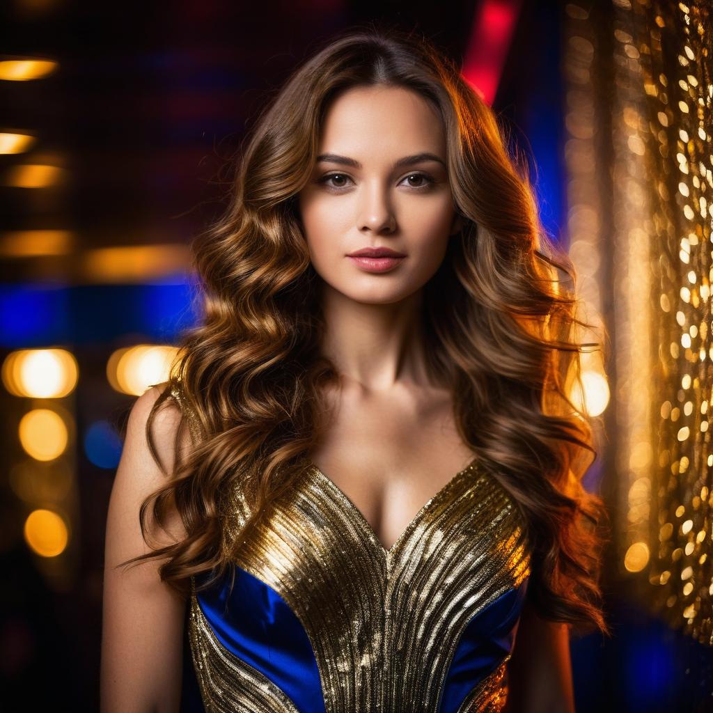 Elegant Woman in Blue and Gold Evening Gown with Wavy Hair