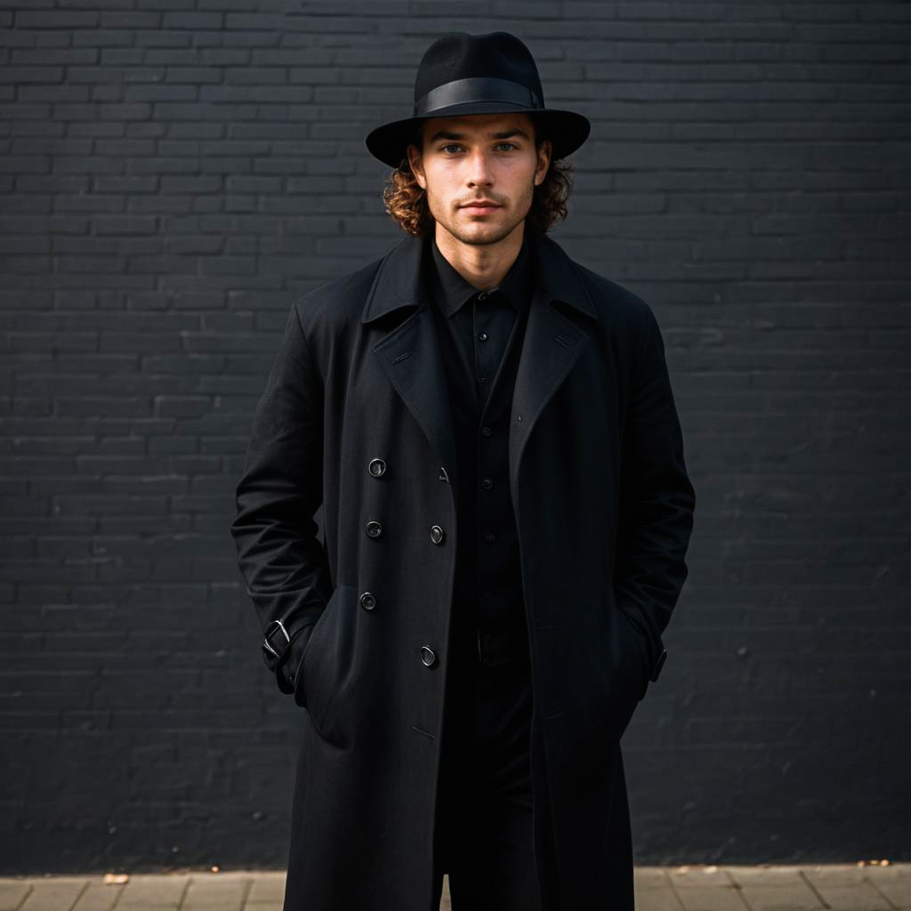 Stylish Man in Black Trench Coat and Fedora