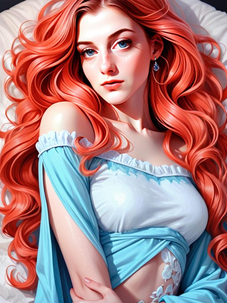 Digital Portrait of Woman with Long Red Hair in Light Blue Dress
