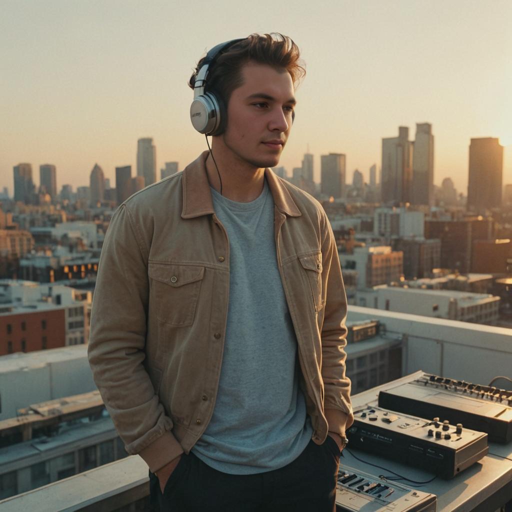 Man with Headphones in Cityscape at Sunset