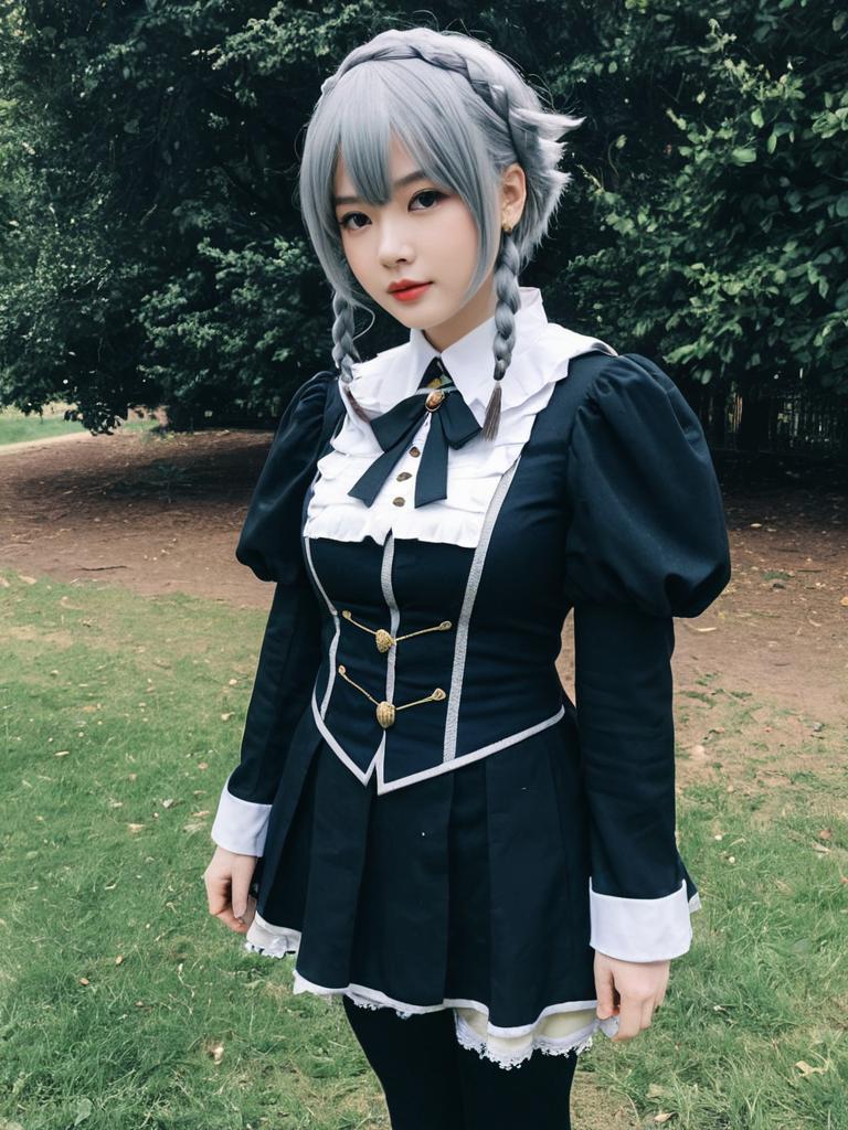 Elegant Victorian-Inspired Maid Cosplay with Silver Braided Hair Outdoors