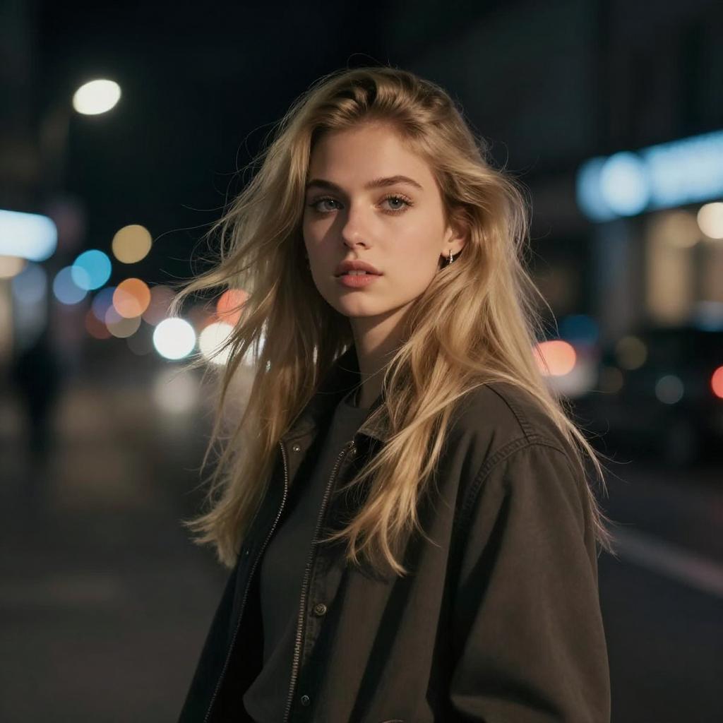 Blonde Woman in Casual Jacket on Night City Street with Bokeh Lights