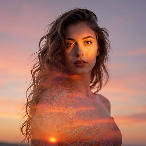 Sunset Portrait of Woman with Mandala Double Exposure Effect